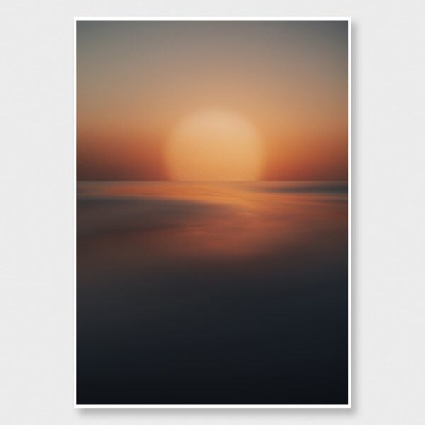 A dreamy seascape showing a glowing sun low on the horizon, blending warm orange hues over calm water