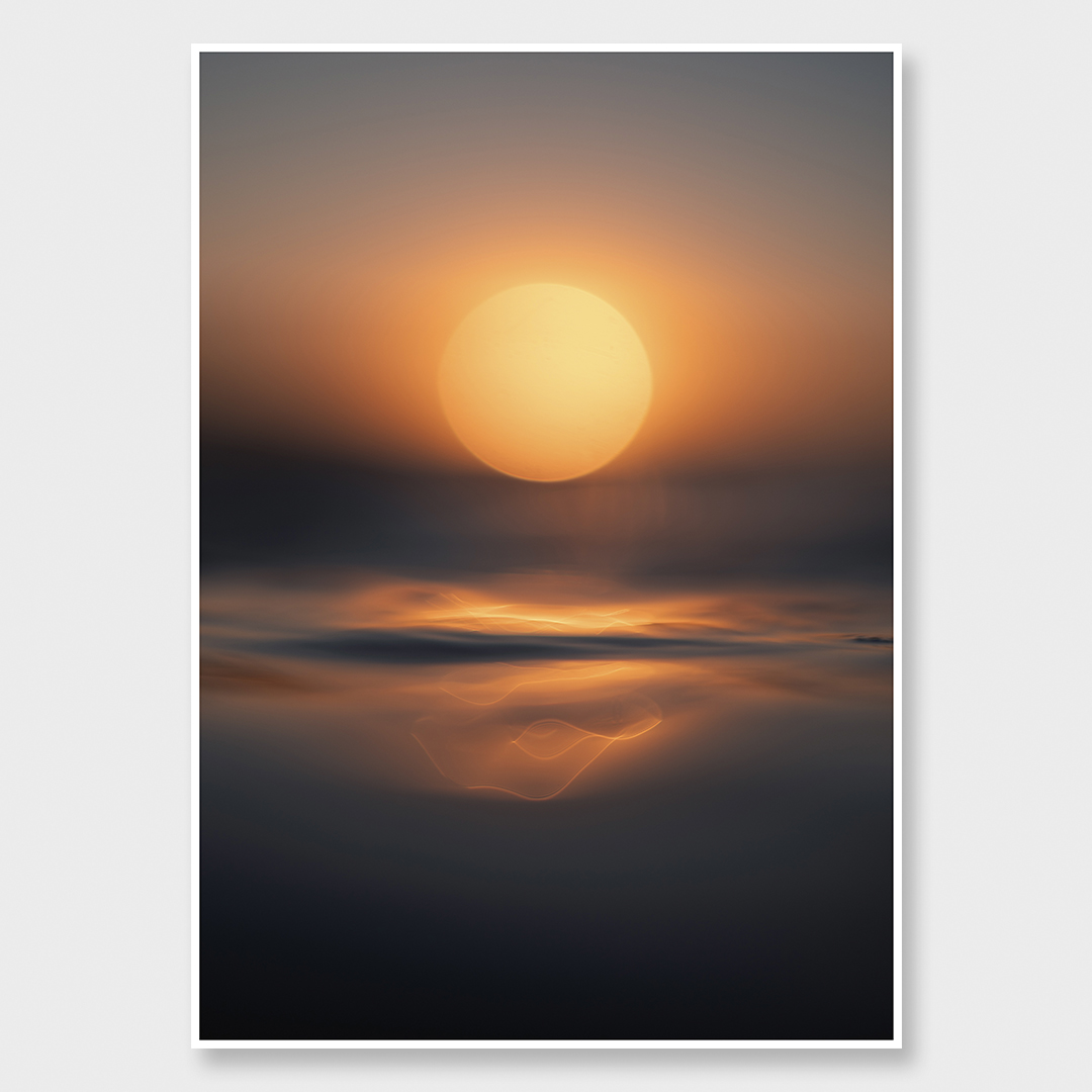 Fine art ocean photograph of a glowing sun above calm water, with soft reflections and warm orange light creating an atmospheric seascape at sunset.