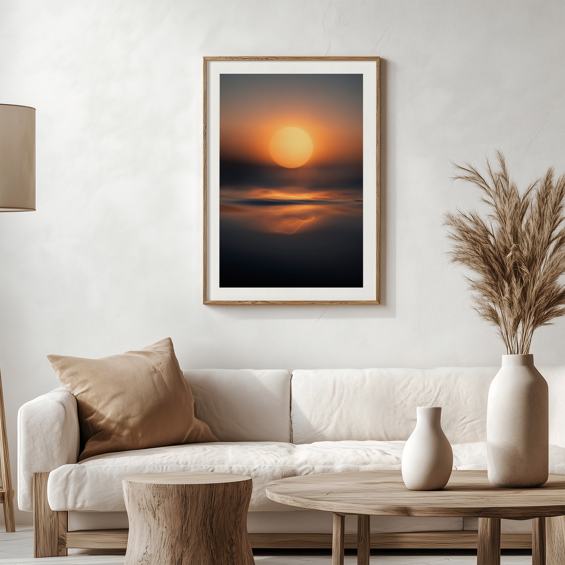 Fine art ocean photography print of a glowing sunset over calm water, captured at sea level in New Zealand. Warm golden light reflects across the ocean surface, creating a minimalist and atmospheric coastal artwork.