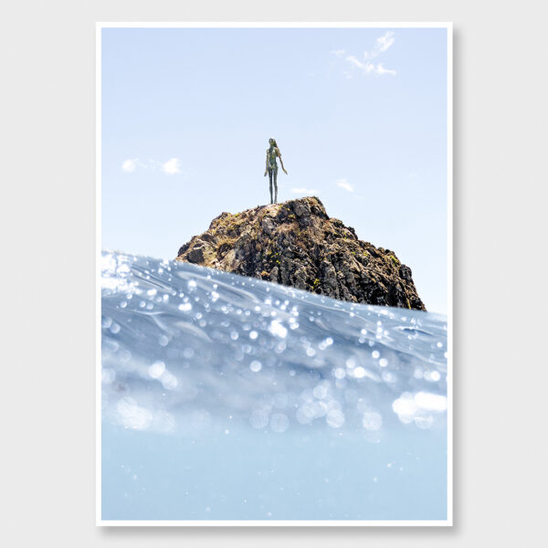 Fine art ocean photograph of the Lady on the Rock (Wairaka) in Whakatāne, captured from sea level with shifting light and water.