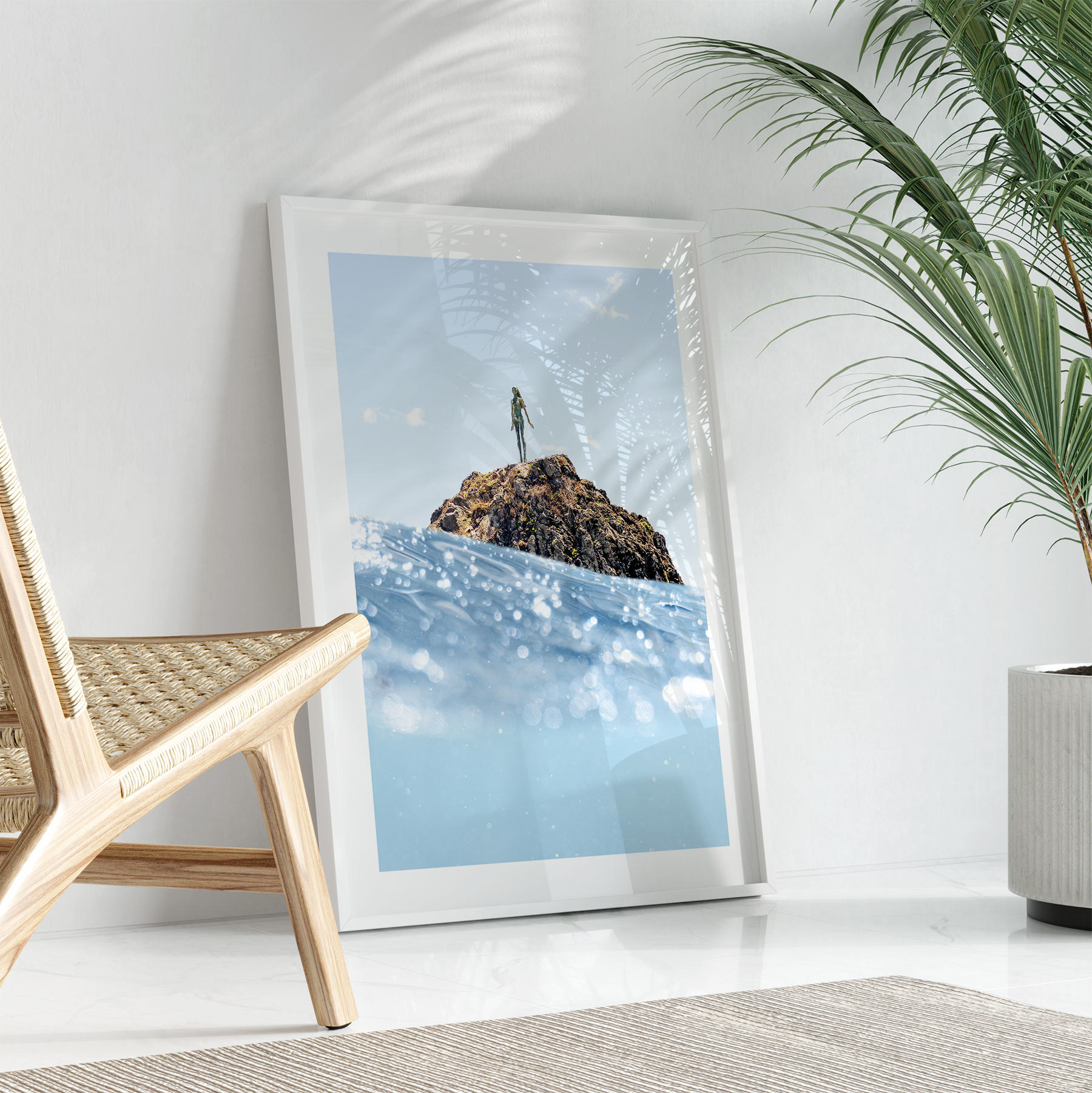 Fine art ocean photography print of the Wairaka statue in Whakatāne, New Zealand, captured at sea level. Sparkling water, soft light, and an immersive ocean perspective offer a unique view of this well-known coastal landmark.